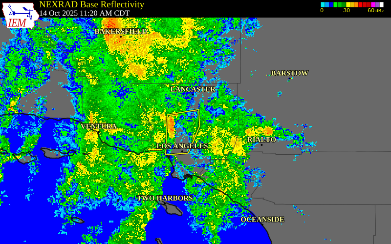 NEXRAD radar during the Tuesday, October 14, 2025 storm activity in Los Angeles County, California