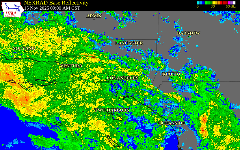 NEXRAD radar during the Saturday, November 15, 2025 storm activity in Los Angeles County, California