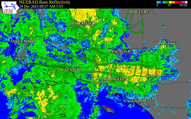 NEXRAD radar during the Wednesday, December 24, 2025 storm activity in Los Angeles County, California