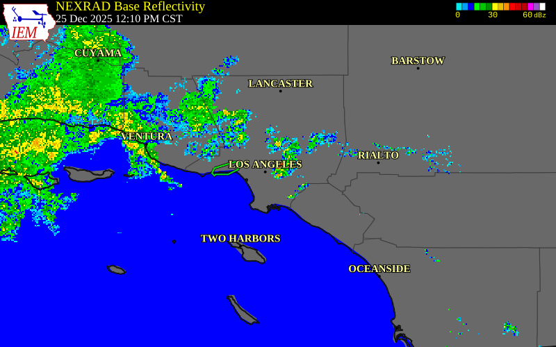 NEXRAD radar during the Thursday, December 25, 2025 storm activity in Los Angeles County, California
