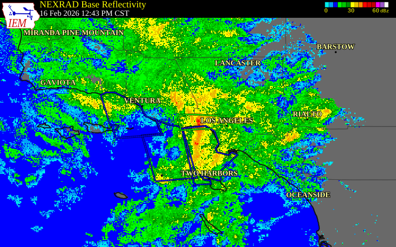 NEXRAD radar during the Monday, February 16, 2026 storm activity in Los Angeles County, California