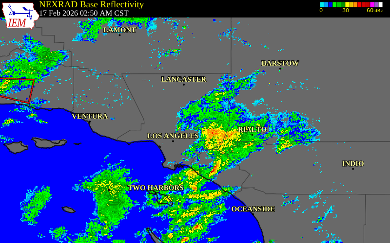 NEXRAD radar during the Tuesday, February 17, 2026 storm activity in Los Angeles County, California