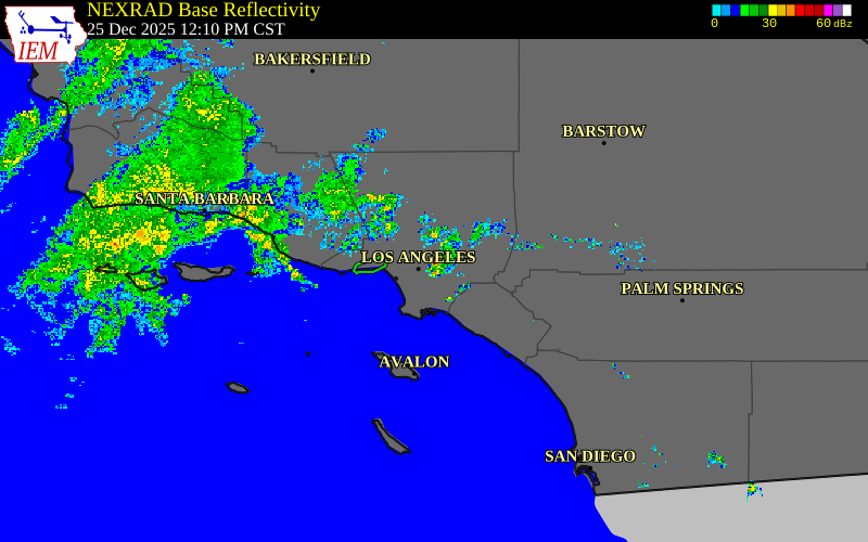 Radar snapshot during the Dec 25, 2025 tornado event near 2 WSW East Los Angeles, Los Angeles County, California, with NWS warning polygons