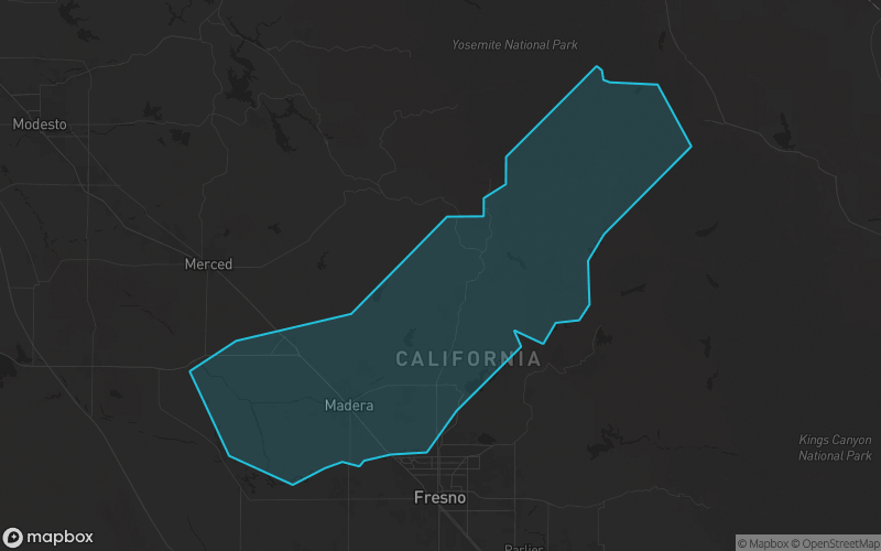 Map of Madera County, California showing the county boundary and surrounding cities