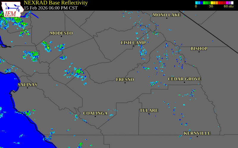 NEXRAD radar during the Sunday, February 15, 2026 storm activity in Madera County, California
