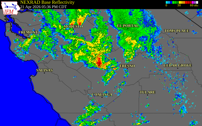 NEXRAD radar during the Tuesday, April 21, 2026 storm activity in Madera County, California