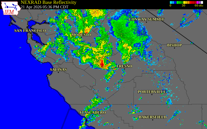 Radar snapshot during the Apr 21, 2026 hail event near 6 NE Firebaugh, Madera County, California, with NWS warning polygons