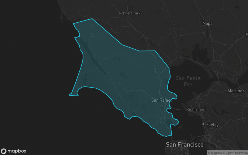 Map of Marin County, California showing the county boundary and surrounding cities