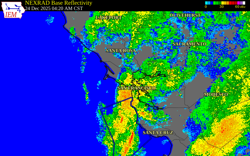 NEXRAD radar during the Wednesday, December 24, 2025 storm activity in Marin County, California