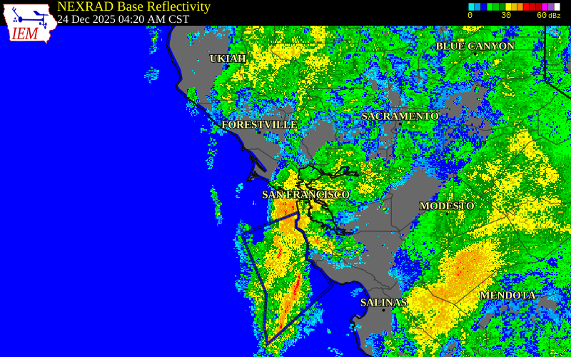 Radar snapshot during the Dec 24, 2025 wind event near 1 N Woodacre, Marin County, California, with NWS warning polygons