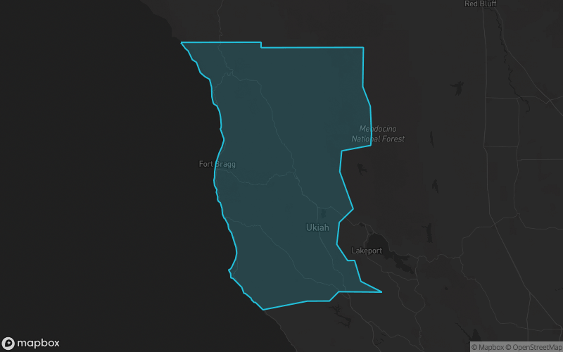 Map of Mendocino County, California showing the county boundary and surrounding cities