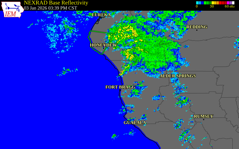 NEXRAD radar during the Saturday, January 3, 2026 storm activity in Mendocino County, California