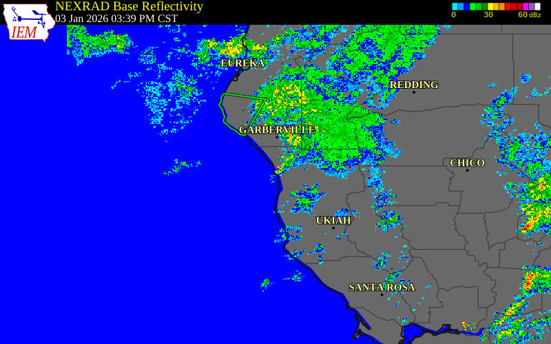 Radar snapshot during the Jan 3, 2026 wind event near 1 SSE Rockport, Mendocino County, California, with NWS warning polygons
