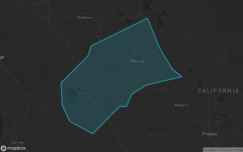 Map of Merced County, California showing the county boundary and surrounding cities