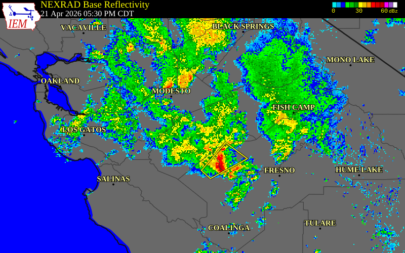 NEXRAD radar during the Tuesday, April 21, 2026 storm activity in Merced County, California