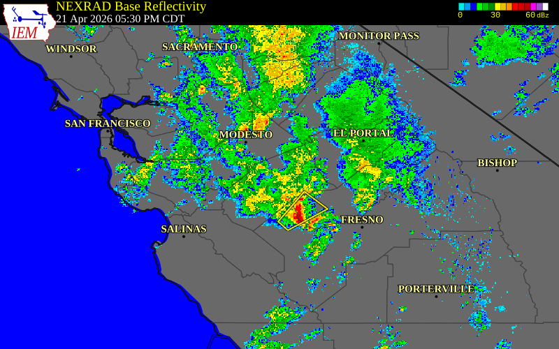 Radar snapshot during the Apr 21, 2026 tornado event near 3 WSW Atwater, Merced County, California, with NWS warning polygons