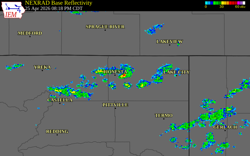 NEXRAD radar during the Saturday, April 25, 2026 storm activity in Modoc County, California
