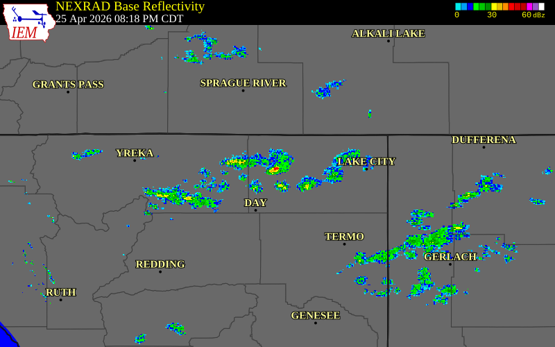 Radar snapshot during the Apr 25, 2026 hail event near Modoc County, Modoc County, California, with NWS warning polygons