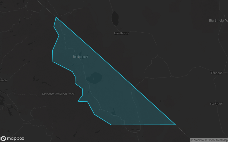 Map of Mono County, California showing the county boundary and surrounding cities