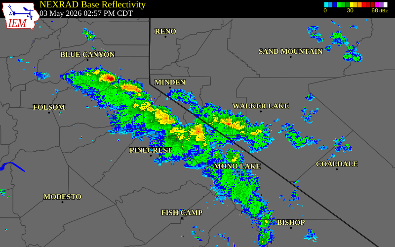 NEXRAD radar during the Sunday, May 3, 2026 storm activity in Mono County, California