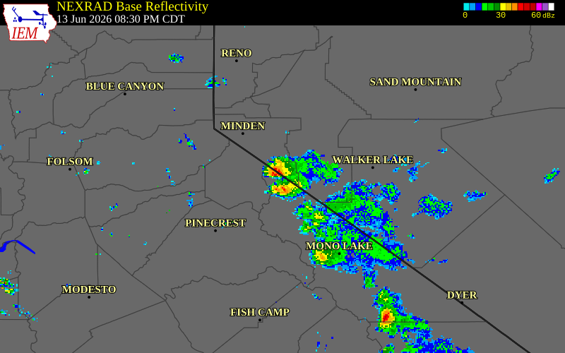 NEXRAD radar during the Saturday, June 13, 2026 storm activity in Mono County, California