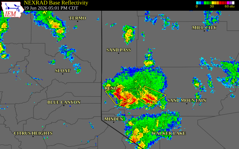 NEXRAD radar during the Friday, June 19, 2026 storm activity in Mono County, California