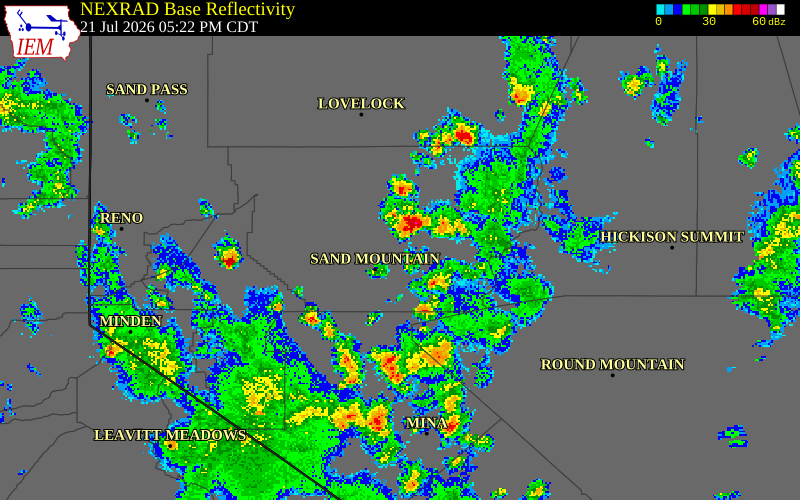 NEXRAD radar during the Tuesday, July 21, 2026 storm activity in Mono County, California