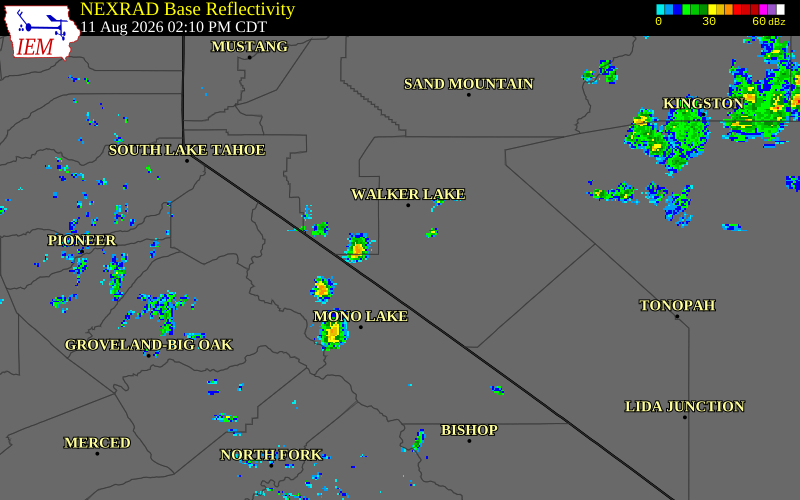 NEXRAD radar during the Tuesday, August 11, 2026 storm activity in Mono County, California