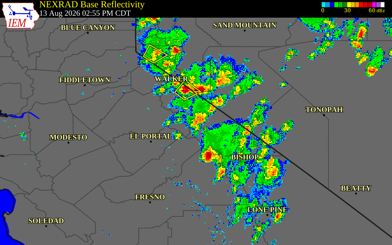 Radar snapshot during the Aug 12, 2026 hail event near Mono County, Mono County, California, with NWS warning polygons