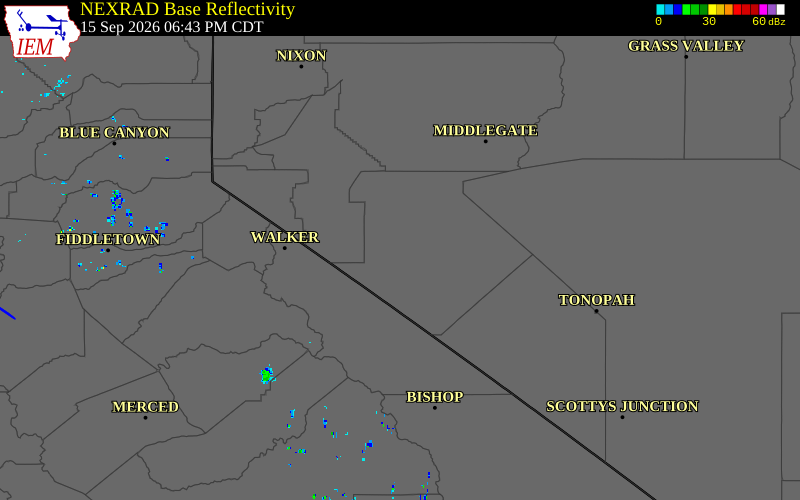 Current NEXRAD radar over Mono County, California with recent storm report locations