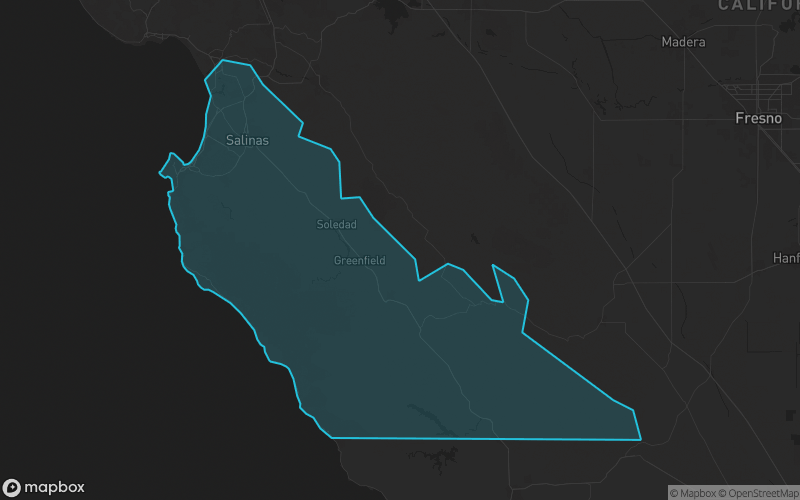 Map of Monterey County, California showing the county boundary and surrounding cities