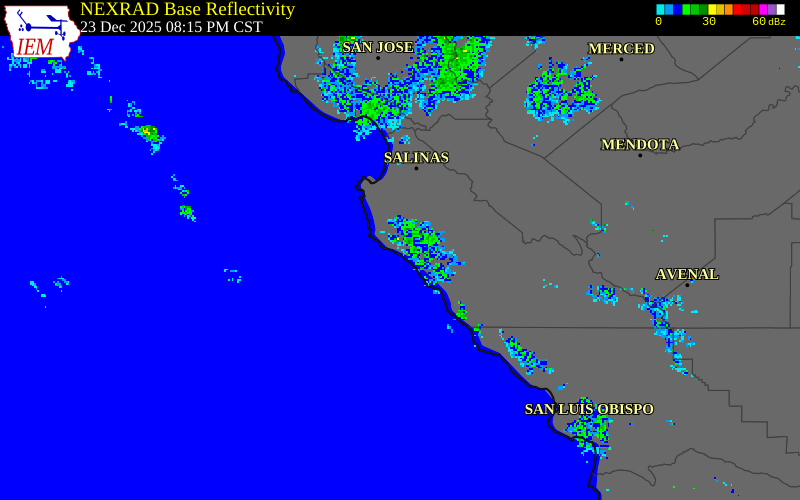 NEXRAD radar during the Tuesday, December 23, 2025 storm activity in Monterey County, California