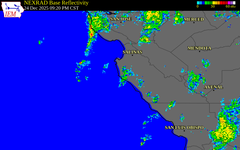 NEXRAD radar during the Wednesday, December 24, 2025 storm activity in Monterey County, California