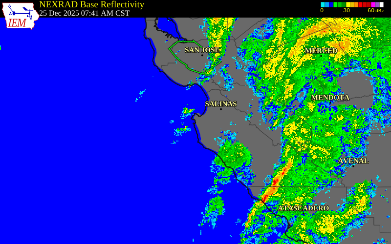 NEXRAD radar during the Thursday, December 25, 2025 storm activity in Monterey County, California