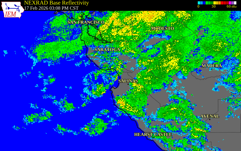 NEXRAD radar during the Tuesday, February 17, 2026 storm activity in Monterey County, California