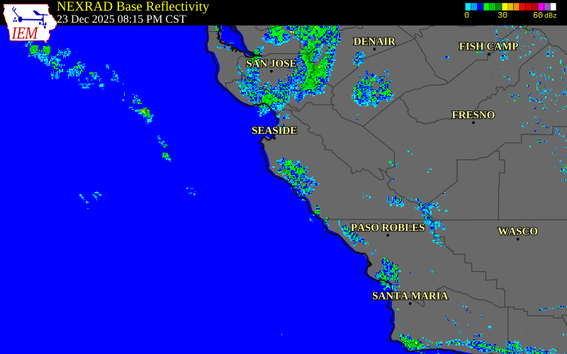 Radar snapshot during the Dec 23, 2025 wind event near 18 S Carmel Valley Vill, Monterey County, California, with NWS warning polygons