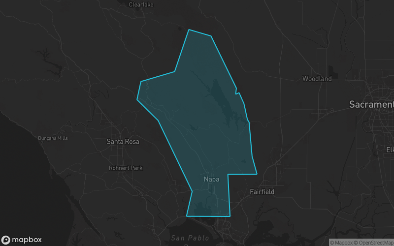 Map of Napa County, California showing the county boundary and surrounding cities