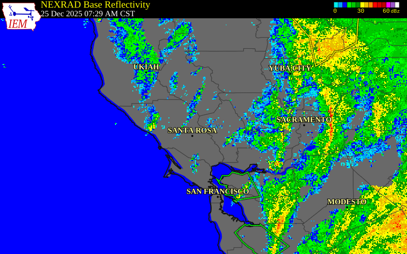 NEXRAD radar during the Thursday, December 25, 2025 storm activity in Napa County, California