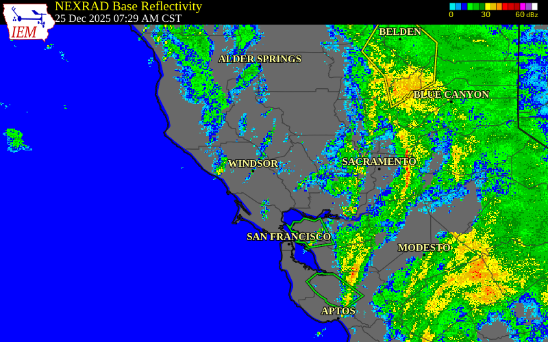 Radar snapshot during the Dec 25, 2025 wind event near 2 S Calistoga, Napa County, California, with NWS warning polygons