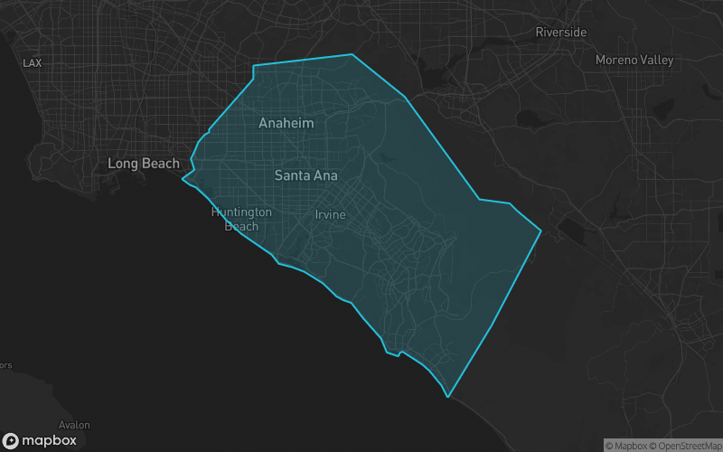 Map of Orange County, California showing the county boundary and surrounding cities