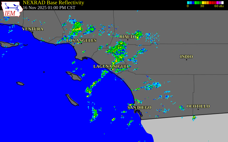 NEXRAD radar during the Sunday, November 16, 2025 storm activity in Orange County, California