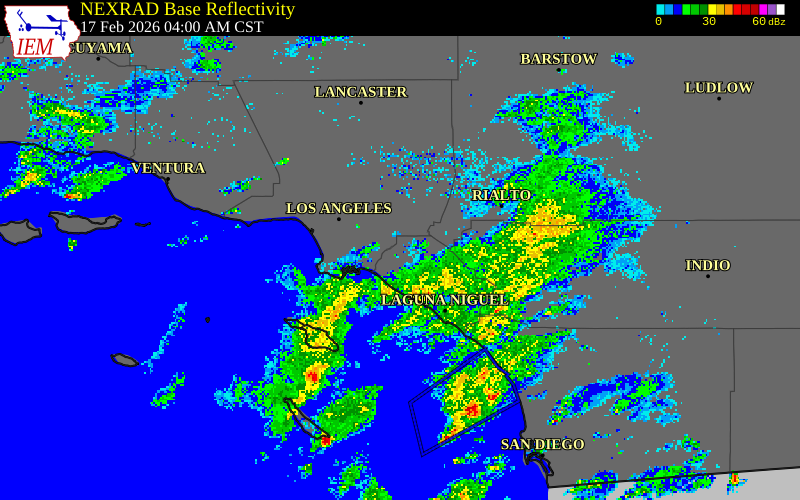 NEXRAD radar during the Tuesday, February 17, 2026 storm activity in Orange County, California