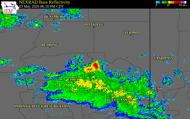 NEXRAD radar during the Sunday, May 3, 2026 storm activity in Plumas County, California