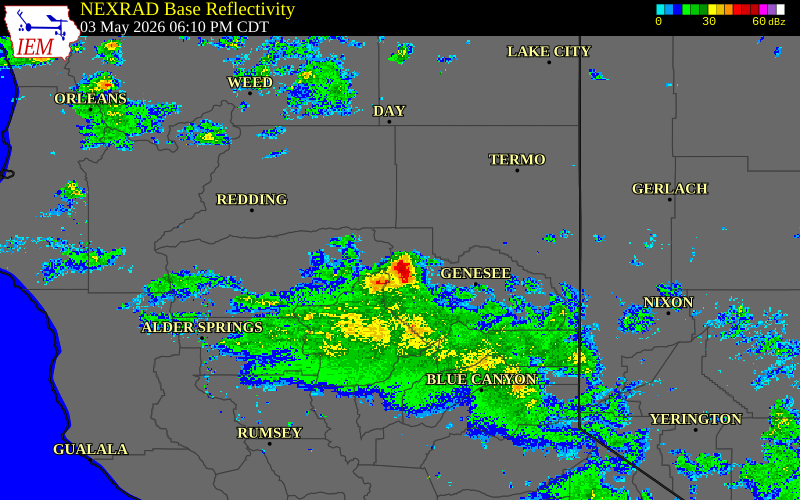 Radar snapshot during the May 3, 2026 tornado event near 3 WSW Chester, Plumas County, California, with NWS warning polygons