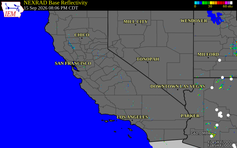 Current NEXRAD radar across California with recent storm report locations