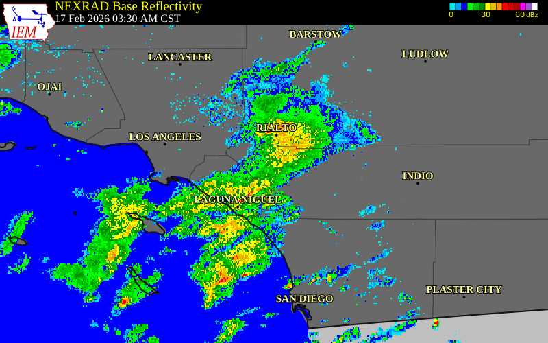NEXRAD radar during the Tuesday, February 17, 2026 storm activity in Riverside County, California