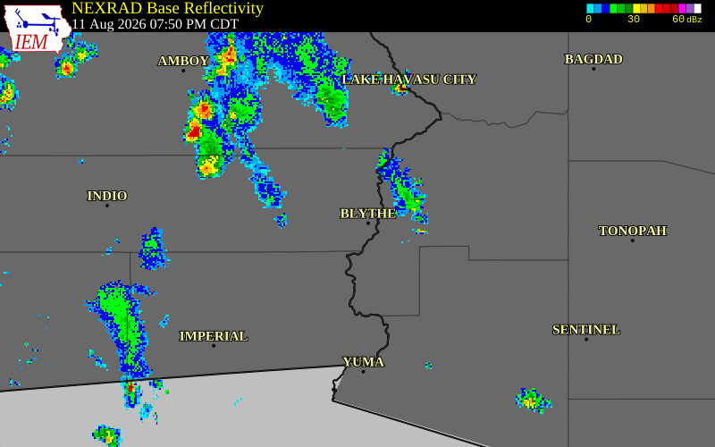 NEXRAD radar during the Tuesday, August 11, 2026 storm activity in Riverside County, California