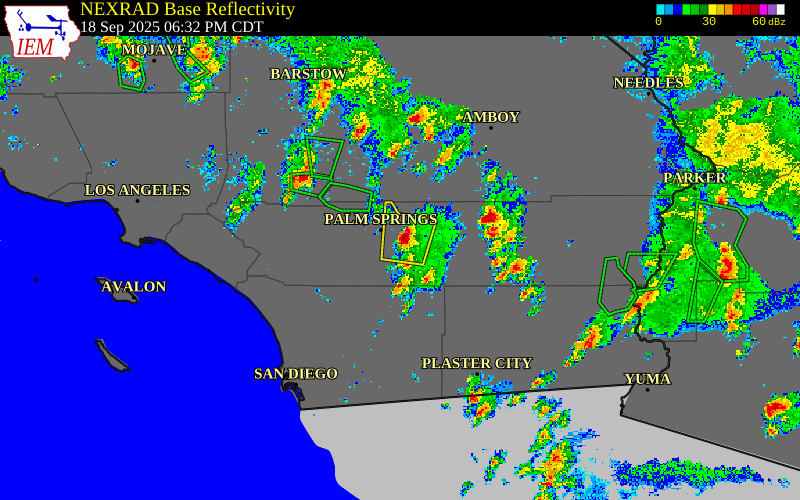 Radar snapshot during the Sep 18, 2025 wind event near 4 SW Palm Desert, Riverside County, California, with NWS warning polygons