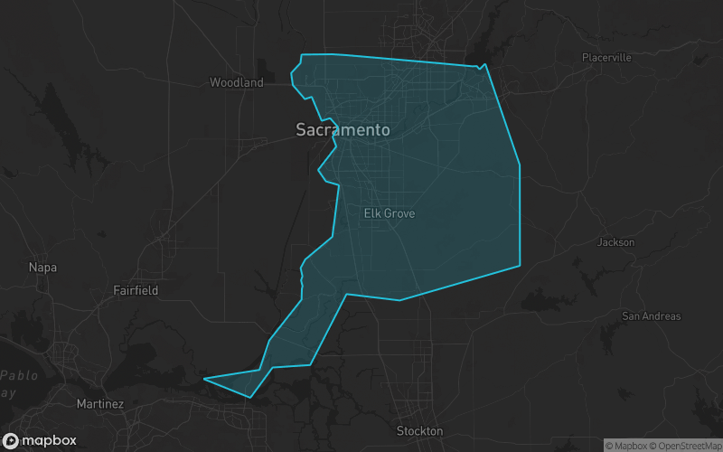 Map of Sacramento County, California showing the county boundary and surrounding cities