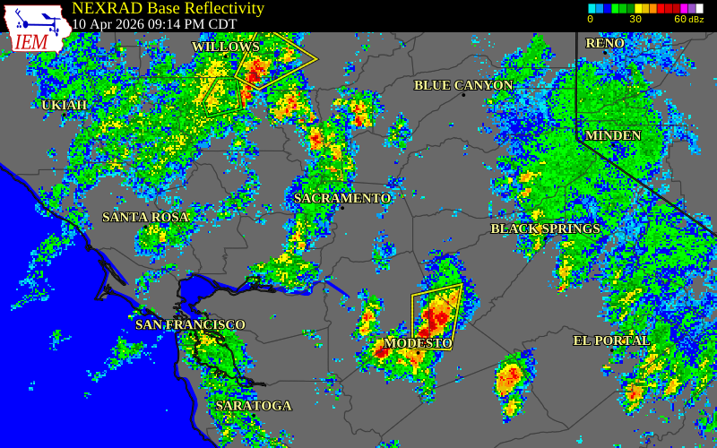NEXRAD radar during the Friday, April 10, 2026 storm activity in Sacramento County, California